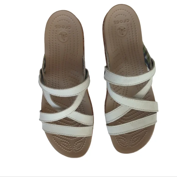 Crocs Open Toe Cork Wedge Strappy Slide Sandal 8 Creamy Beige Tan - Picture 7 of 16